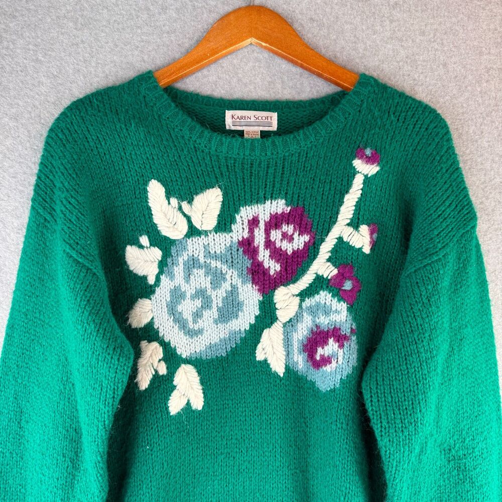 Karen Scott Mint Green Floral Grandma Cottage Long Sleeve Crewneck Sweater M - Picture 3 of 5